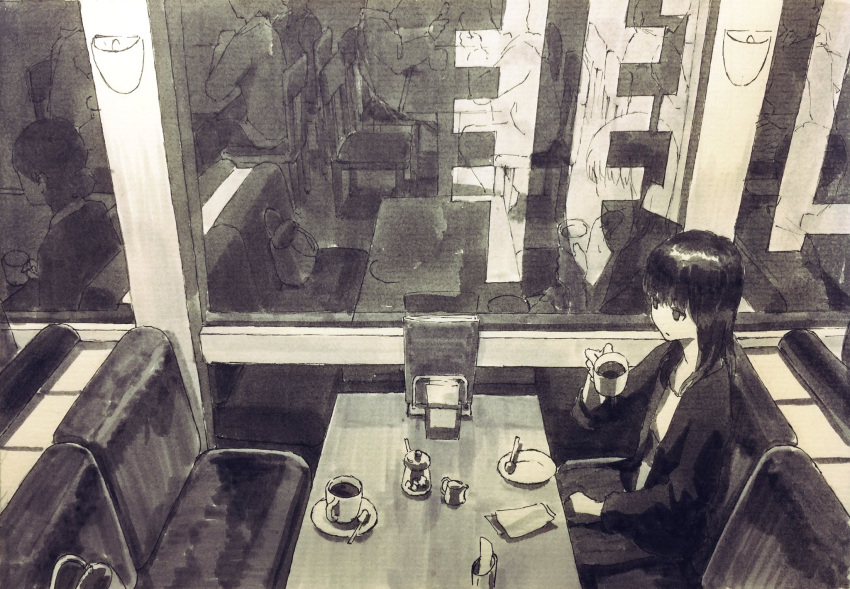 1girl bag blurry building cafe city coffee coffee_cup commentary commentary_request dated empty_eyes handbag highres holding indoors long_hair menu millipen_(medium) mixed_media nib_pen_(medium) night original reflection saucer scenery sepia signature sitting sketch spoon sugar_cube table texture tokunaga_akimasa traditional_media window