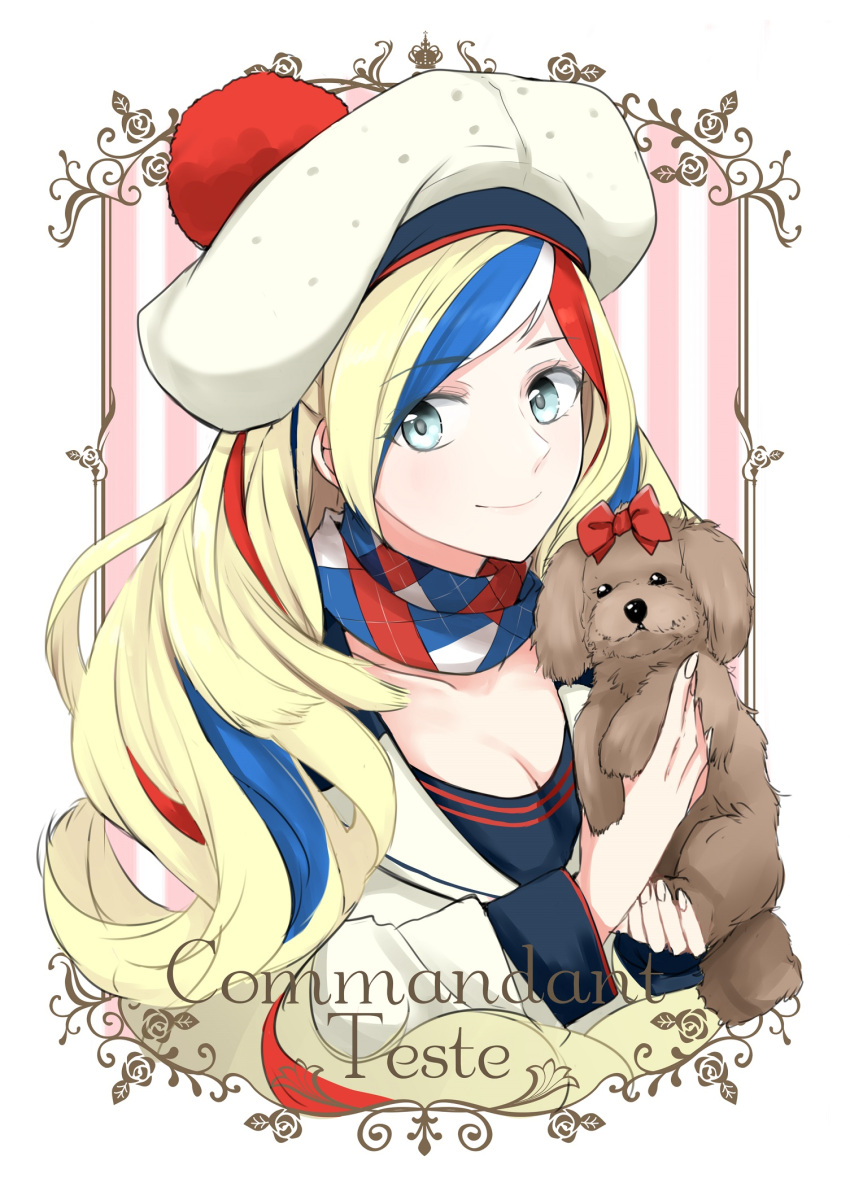 1girl animal beret blonde_hair blue_eyes blue_hair bow character_name commandant_teste_(kantai_collection) commentary_request dog hat highres kantai_collection long_hair looking_at_viewer morinaga_(harumori) multicolored multicolored_clothes multicolored_hair multicolored_scarf one_eye_closed plaid plaid_scarf pom_pom_(clothes) redhead scarf solo streaked_hair upper_body white_hair