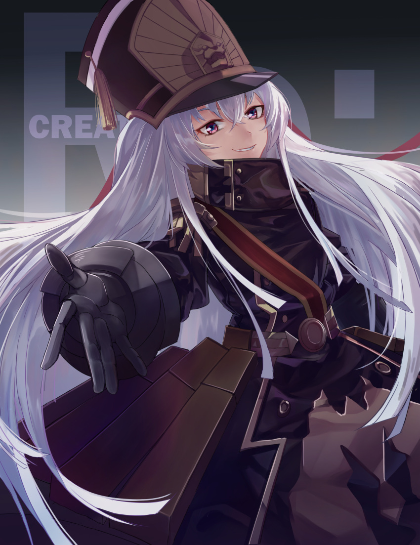 1girl absurdres gunpuku_no_himegimi hat highres looking_at_viewer military military_uniform outstretched_hand re:creators red_eyes sash shako_cap uniform white_hair