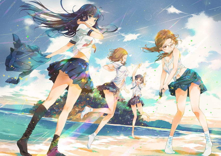 4girls arms_up artist_request ass beach black_eyes black_hair black_jacket black_skirt bouncing_breasts breasts brown_eyes brown_hair character_request cleavage closed_eyes collarbone dress_shirt flat_chest floating_hair full_body glasses hand_in_hair highres holding holding_jacket island jacket jacket_removed jumping long_hair medium_breasts midriff miniskirt multiple_girls navel one_eye_closed open_clothes open_shirt orange_neckerchief outdoors parted_lips shirt short_hair short_sleeves skirt sky sleeveless sleeveless_shirt smile socks standing twintails white_legwear white_shirt