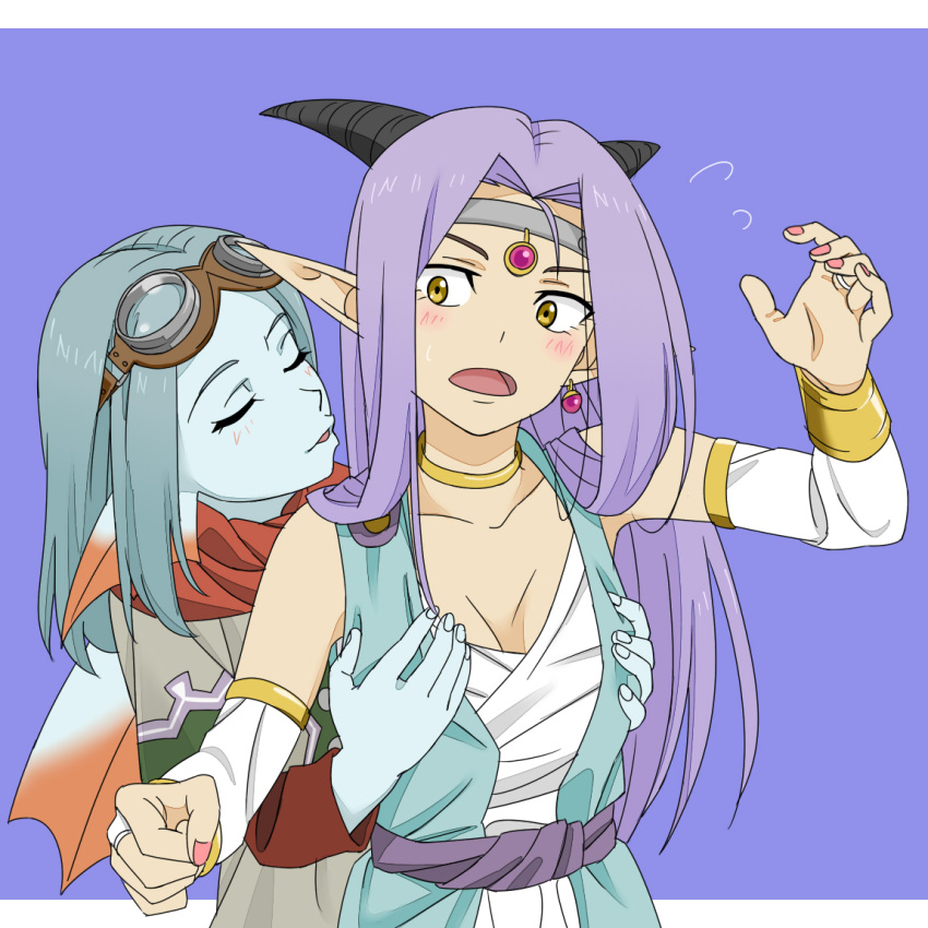 2girls bare_shoulders blue_hair blue_skin blush breast_grab breasts bridal_gauntlets character_request cleavage closed_eyes dragon_quest dragon_quest_x dress earrings estella_(dq10) flying_sweatdrops goggles goggles_on_head grabbing groping headpiece horns incipient_kiss jewelry long_hair medium_breasts multiple_girls nail_polish necklace open_mouth pink_nails pointy_ears purple_hair yellow_eyes yokkest yuri