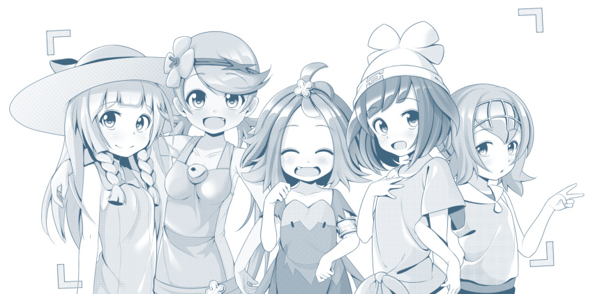 5girls :d acerola_(pokemon) ahoge arm_around_shoulder bow braid closed_eyes collarbone drawfag facing_viewer female_protagonist_(pokemon_sm) flower hair_flower hair_ornament hairband hand_on_hip hand_on_own_chest hat hat_bow highres lillie_(pokemon) locked_arms long_hair looking_at_viewer mallow_(pokemon) monochrome multiple_girls open_mouth paw_pose pokemon pokemon_(game) pokemon_sm short_twintails smile suiren_(pokemon) sun_hat twintails v