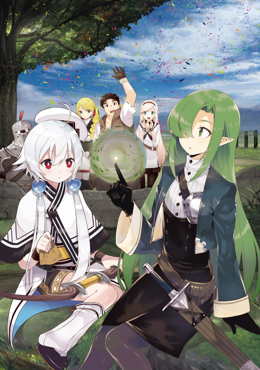 +_+ 2boys 4girls :o ahoge armor black_eyes black_gloves black_hair black_legwear blonde_hair blue_eyes blush bow_(weapon) character_request cupping_hands day eyebrows_visible_through_hair gloves green_eyes green_hair grey_eyes hairband hat highres holding_bow_(weapon) index_finger_raised isekai_ni_kita_mitai_dakedo_ikanisureba_yoi_no_darou long_hair long_sleeves looking_at_another multiple_boys multiple_girls open_mouth pantyhose petals pointy_ears ponytail red_eyes red_hairband sheath sheathed short_hair short_sleeves sparkle sword teeth tokiti tree twintails waving weapon white_hair white_hat