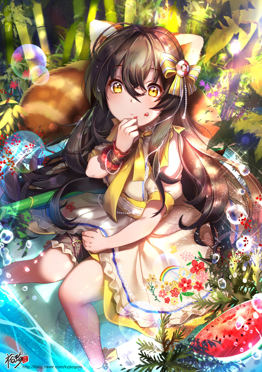 1girl absurdres animal_ears ankle_ribbon artist_name bamboo bamboo_forest bangs bow closed_mouth dress eyebrows_visible_through_hair floral_print flower food forest fruit hair_between_eyes hair_bow hair_ornament highres knees_together_feet_apart kyjsogom leaf liza_(qurare) long_hair looking_at_viewer nature necktie outdoors partially_submerged plant puffy_short_sleeves puffy_sleeves qurare_magic_library red_panda_ears red_panda_tail ribbon sash short_sleeves single_wrist_cuff sitting soaking_feet solo tail thigh_strap wading water water_drop watermark watermelon web_address white_dress yellow_bow yellow_eyes yellow_necktie yellow_ribbon
