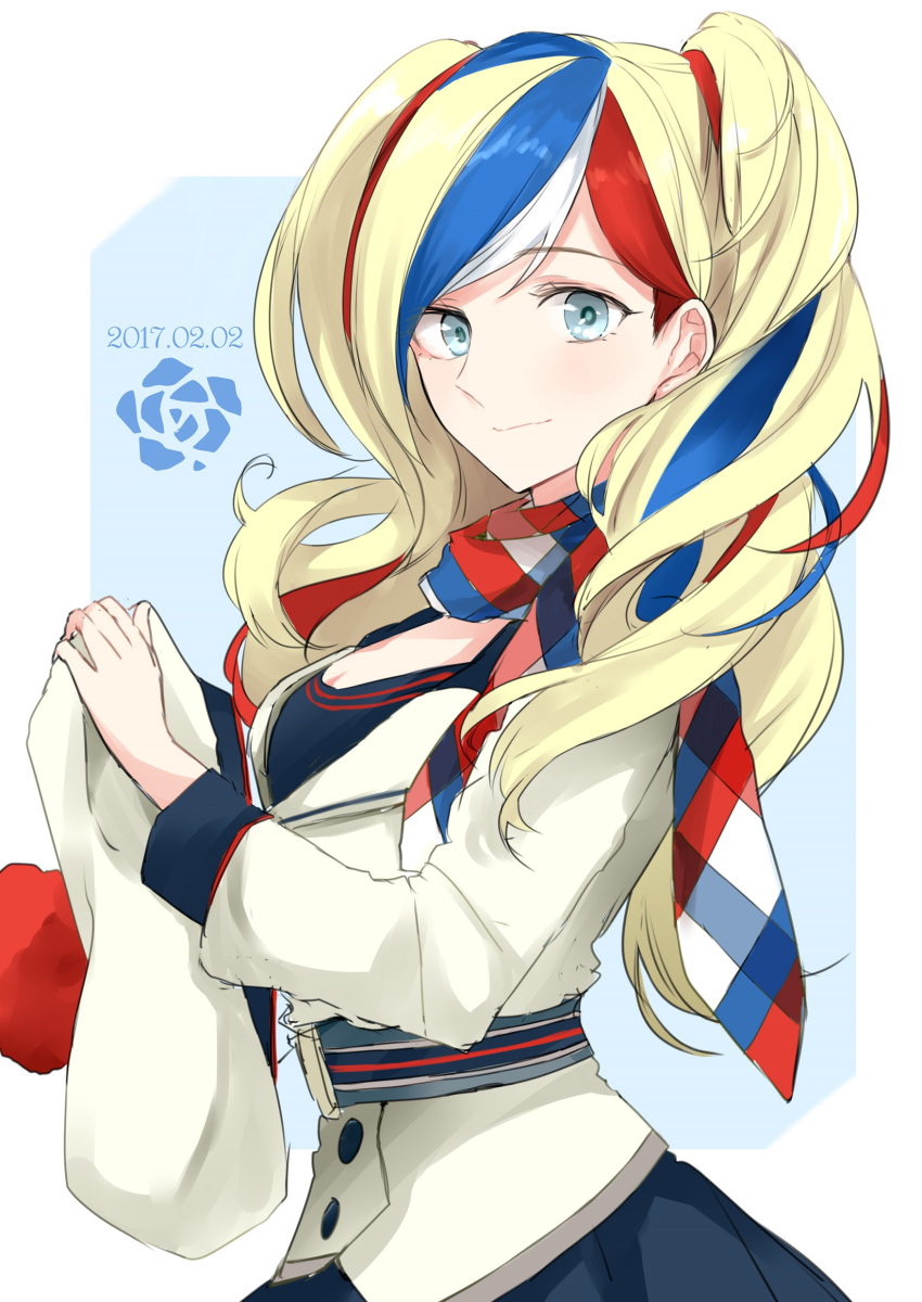 1girl absurdres blonde_hair blue_eyes breasts cleavage commandant_teste_(kantai_collection) commentary_request dated hat hat_removed headwear_removed highres holding holding_hat kantai_collection looking_at_viewer medium_breasts morinaga_(harumori) multicolored_hair redhead scarf smile solo white_hair