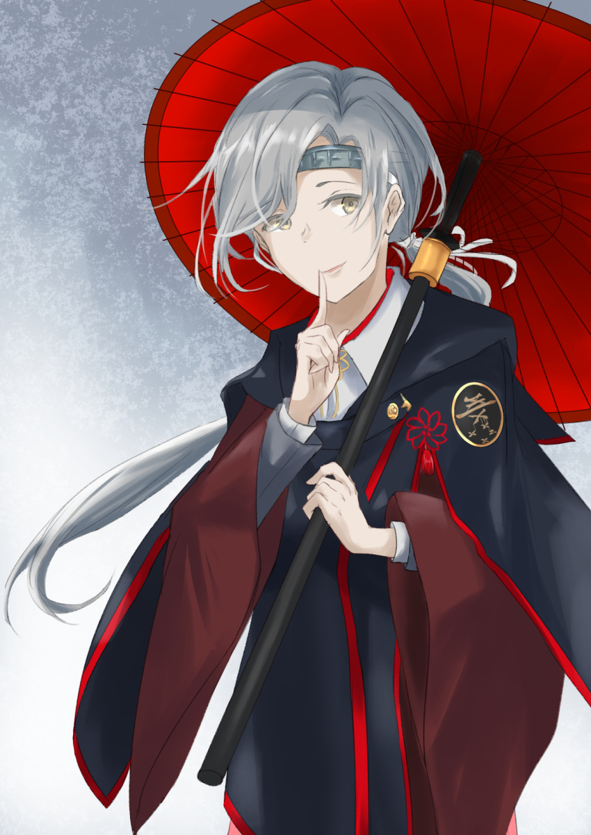1girl anore_(haurifier) blue_coat chitose_(kantai_collection) finger_to_mouth grey_background headband highres holding holding_umbrella index_finger_raised kantai_collection lips long_hair looking_to_the_side oriental_umbrella ponytail ribbon shushing solo umbrella white_ribbon yellow_eyes