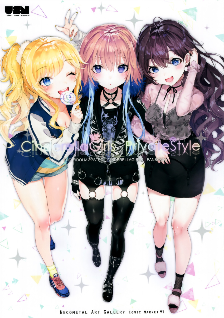 3girls :3 :d :o absurdres adidas ahoge animal_print ankle_socks arm_above_head arm_up artist_name bangs bare_legs belt belt_boots belt_over_clothes black_boots black_choker black_jacket black_legwear black_ribbon black_skirt blonde_hair blouse blue_eyes blue_hair blue_jacket blush boots bottomless brand_name_imitation breasts brown_hair buckle butterfly_print buttons camisole candy choker cleavage collarbone comiket comiket_91 commentary_request copyright_name cover cover_page cross cross_print curly_hair cutoffs denim denim_shorts doujin_cover earrings eating english eyebrows_visible_through_hair eyelashes eyes_visible_through_hair fingernails fishnets food frilled_blouse frilled_sleeves frills from_above full_body fur fur-trimmed_jacket fur_trim garter_belt girl_sandwich glint gluteal_fold hair_between_eyes hair_intakes hair_ornament hair_scrunchie hair_tucking hand_in_pocket harness high_ponytail highres holding holding_food hood hooded_jacket hoyashi_rebirth ichinose_shiki idolmaster idolmaster_cinderella_girls jacket jewelry knee_boots lace lace-trimmed_garter_belt leaning_forward leather leather_boots legs letterman_jacket licking light_brown_hair locked_arms lollipop long_fingernails long_hair long_sleeves looking_at_viewer looking_up medium_breasts multicolored multicolored_hair multicolored_nail_polish multicolored_shoes multiple_girls nail_polish ninomiya_asuka o-ring o-ring_belt o-ring_legwear one_eye_closed ootsuki_yui open_blouse open_clothes open_jacket open_mouth open_toe_shoes patterned_background pencil_skirt pink_blouse pocket pom_pom_(clothes) pom_pom_earrings ponytail rainbow_text raised_eyebrows ribbon ribbon_choker sandwiched scan scrunchie see-through sharp_fingernails shiny shiny_clothes shiny_hair shiny_skin shoes short_hair_with_long_locks short_shorts shorts sidelocks simple_background skeleton_print skindentation skirt sleeveless small_breasts smile sneakers socks spaghetti_strap sparkle standing star star_print streaked_hair striped striped_jacket striped_legwear studded_bracelet swept_bangs swirl_lollipop taut_clothes taut_shorts taut_skirt teeth text thigh-highs thighs tongue tongue_out triangle two-tone_hair unbuttoned unzipped very_long_hair violet_eyes w walking watch watch yellow_legwear zipper