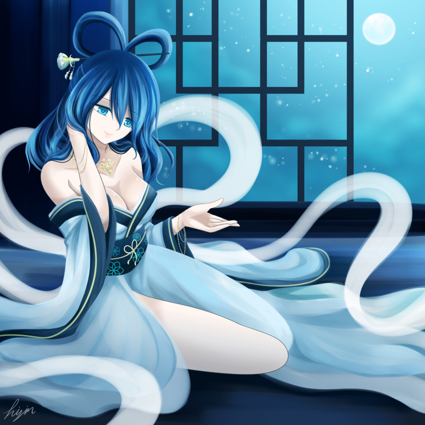 1girl absurdres artist_name bangs bare_shoulders blue_eyes blue_hair bracelet breasts cleavage closed_mouth dress floral_print full_moon hagoromo hair_between_eyes hair_ornament hair_stick half-closed_eyes hand_in_hair highres hisin indoors japanese_clothes jewelry kaku_seiga kimono long_hair medium_breasts moon necklace night night_sky obi sash shawl side_slit sitting sky smile solo strapless strapless_dress thighs touhou yokozuwari