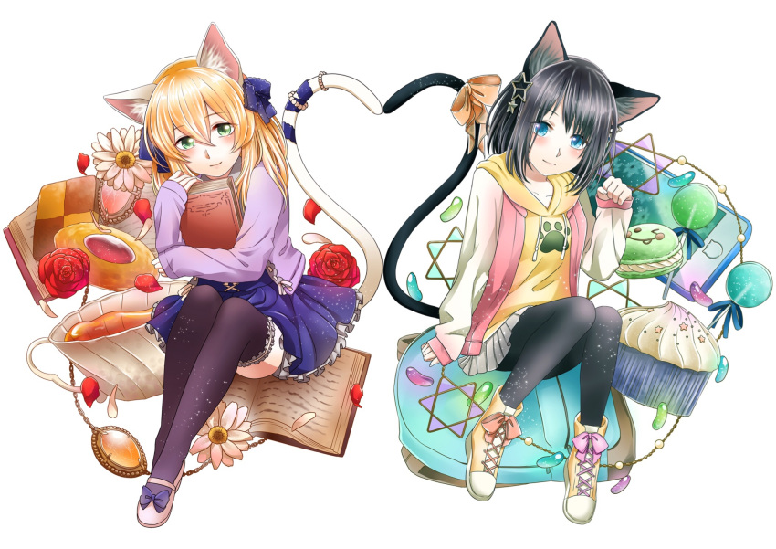 2girls animal_ears ankle_boots black_hair black_legwear blonde_hair blue_eyes blue_skirt book book_hug boots candy cardigan cat_ears cat_tail cellphone checkerboard_cookie cookie cross-laced_footwear cup cupcake daisy flower food green_eyes hair_ornament hair_ribbon head_tilt heart_tail_duo hexagram highres holding holding_book jelly_bean jewelry light_smile long_hair macaron mary_janes multiple_girls necklace open_book original pantyhose paw_pose petals phone red_rose ribbon rose rose_petals routo_(rot_0) shoes short_hair simple_background skirt sleeves_past_wrists smartphone star star_hair_ornament tail tail_ribbon teacup thigh-highs white_background yellow_hoodie