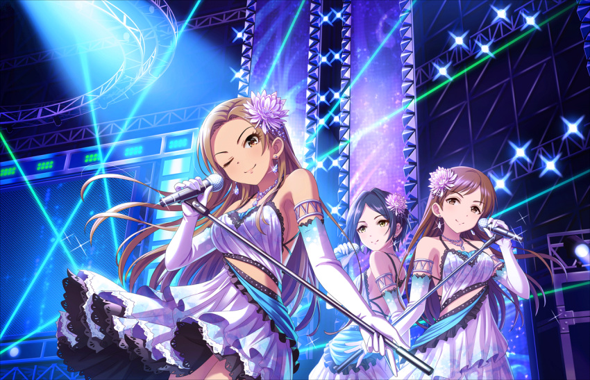 3girls artist_request blue_hair brown_eyes brown_hair dress earrings elbow_gloves flower gloves hair_flower hair_ornament hayami_kanade idolmaster idolmaster_cinderella_girls idolmaster_cinderella_girls_starlight_stage jewelry long_hair looking_at_viewer matsunaga_ryou microphone microphone_stand multiple_girls necklace nitta_minami official_art one_eye_closed short_hair smile stage yellow_eyes