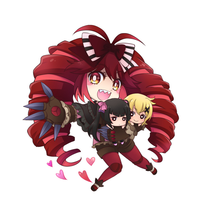 +_+ 3girls akatsuki_kirika antenna_hair bangs blonde_hair blunt_bangs bow chibi claws doll_joints drill_hair hair_bow hair_ornament heart kiraki micha_jawkan multicolored_hair multiple_girls no_nose red_eyes redhead senki_zesshou_symphogear sharp_teeth short_hair shorts simple_background teeth tsukuyomi_shirabe twin_drills twintails two-tone_hair white_background x_hair_ornament