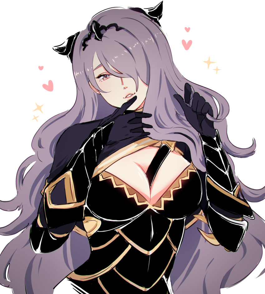 1girl armor breasts camilla_(fire_emblem_if) cleavage cleavage_cutout fire_emblem fire_emblem_if gloves hair_ornament hair_over_one_eye highres hyoon_(sockgyu) large_breasts long_hair looking_at_viewer purple_hair simple_background smile solo solo_focus tiara white_background