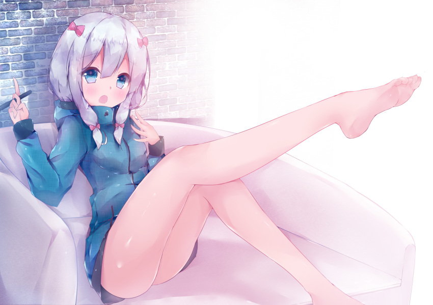 1girl ass bare_legs barefoot blue_eyes blush bow commentary_request couch eromanga_sensei eyebrows_visible_through_hair feet hair_bow highres izumi_sagiri jacket long_hair looking_at_viewer open_mouth pink_bow shiny shiny_skin silver_hair sitting solo stylus toes twiska_(doubitian)