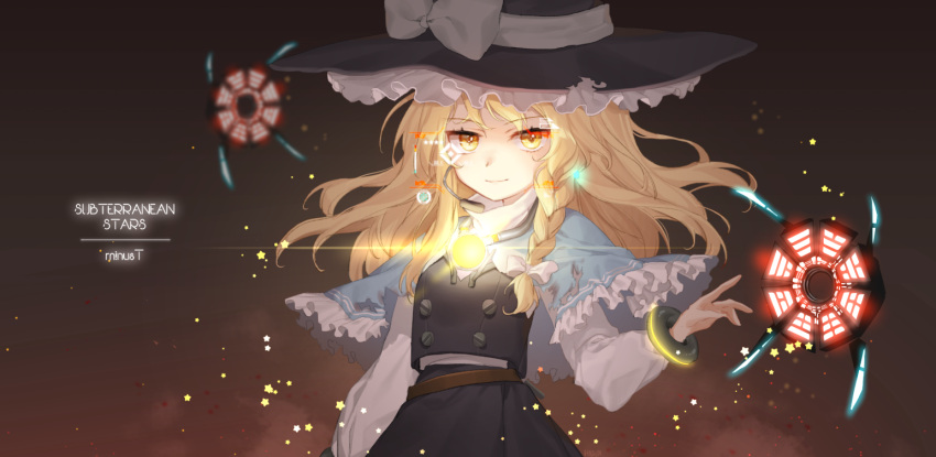 1girl black_skirt blonde_hair bow braid buttons capelet commentary_request floating_hair hair_bow hajin hat hat_bow kirisame_marisa light_smile long_hair long_sleeves looking_at_viewer microphone mini-hakkero side_braid skirt skirt_set solo touhou vest white_bow witch_hat yellow_eyes
