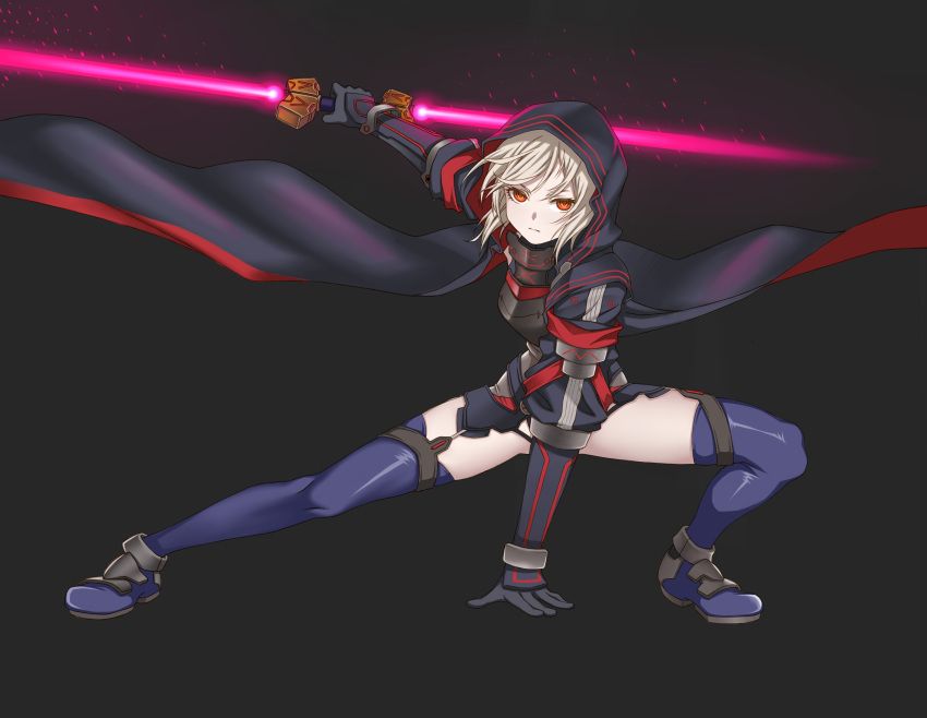 1girl absurdres artist_request blonde_hair blue_legwear cloak closed_mouth dark_persona energy_sword fate/grand_order fate_(series) fighting_stance full_body glasses heroine_x heroine_x_(alter) highres holding holding_weapon hood hooded_cloak light_particles lightsaber long_sleeves looking_at_viewer orange_eyes outstretched_arm saber short_hair simple_background solo sword thigh-highs weapon