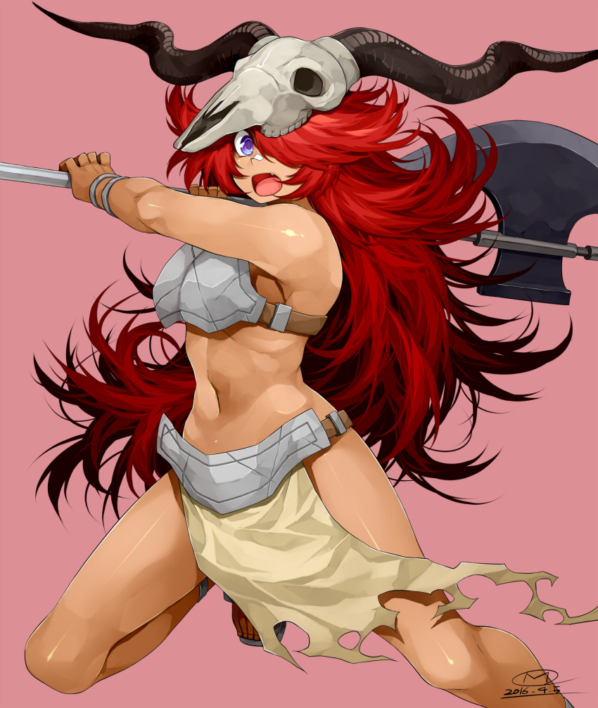 1girl axe bandaid bandaid_on_nose battle_axe breastplate dark_skin dated fang hair_over_one_eye happa_(cloverppd) highres holding_axe leg_up loincloth long_hair number open_mouth original pink_background redhead sandals simple_background skull_hat solo very_long_hair violet_eyes weapon