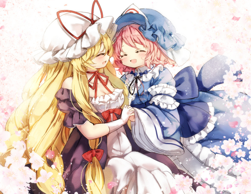 2girls :d ^_^ black_ribbon blonde_hair blue_dress bow breasts choker cleavage closed_eyes detached_sleeves dress gloves hair_bow hand_holding hat hat_ribbon interlocked_fingers japanese_clothes kimono long_hair long_sleeves looking_at_another medium_breasts mob_cap multiple_girls neck_ribbon open_mouth pink_hair piyokichi puffy_short_sleeves puffy_sleeves purple_dress red_bow red_ribbon ribbon ribbon_choker saigyouji_yuyuko short_hair short_sleeves smile touhou triangular_headpiece very_long_hair white_gloves wide_sleeves yakumo_yukari