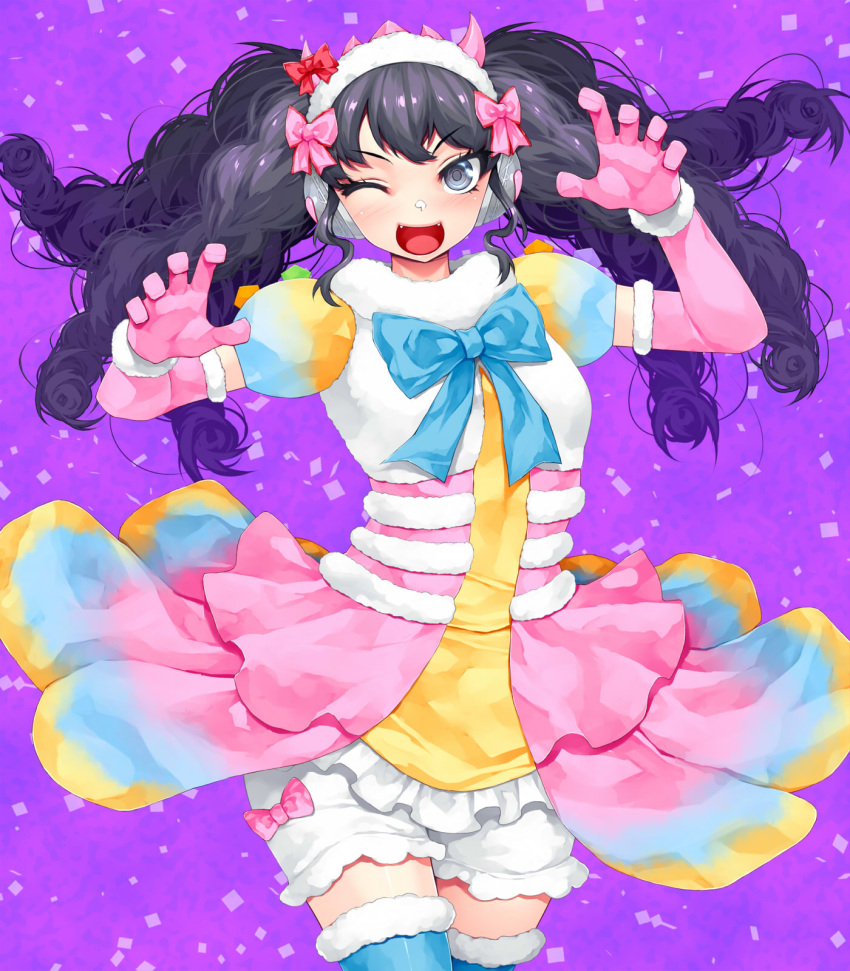 &gt;;d 1girl ;d black_eyes black_hair bloomers blue_bow blue_legwear blush bow claw_pose cowboy_shot fangs floating_hair fur_trim garuru_(pripara) gloves happa_(cloverppd) headphones highres horn_bow horns long_hair looking_at_viewer multicolored multicolored_clothes multicolored_skirt musical_note musical_note_print one_eye_closed open_mouth pink_bow pink_gloves pripara puffy_short_sleeves puffy_sleeves purple_background red_bow short_sleeves skirt smile solo thigh-highs treble_clef underwear