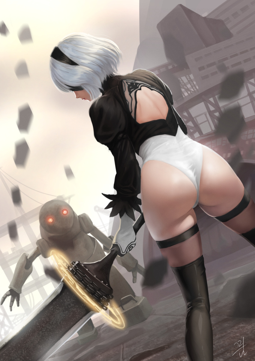 1girl ass back back_cutout black_boots black_dress black_gloves black_hairband black_legwear blindfold boots breasts broadsword brown_legwear chains covered_eyes cowboy_shot cropped_shirt dress dutch_angle feather-trimmed_sleeves feather_trim from_behind gloves greatsword hairband highleg highleg_leotard highres holding holding_sword holding_weapon huge_weapon juliet_sleeves legs_apart leotard lips long_sleeves nier_(series) nier_automata open-back_dress outdoors parted_lips pink_lips puffy_sleeves qoiwrng robot shirt short_hair signature silver_hair skin_tight skindentation solo standing sword thigh-highs thighhighs_under_boots thong thong_leotard turtleneck vambraces weapon white_leotard yorha_no._2_type_b