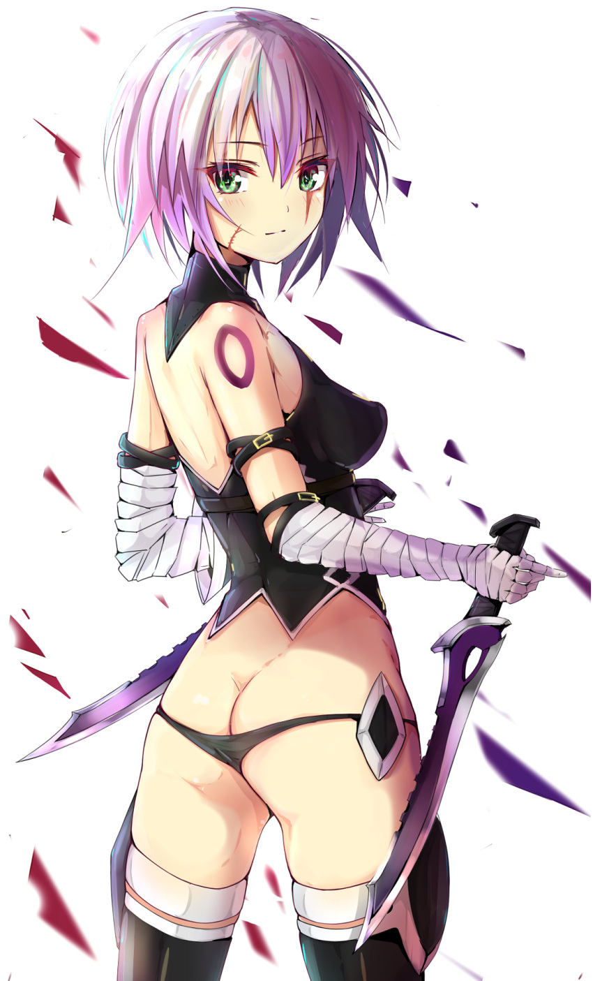 1girl ass assassin_of_black bandage bandaged_arm bare_shoulders black_legwear black_panties black_shirt breasts butt_crack cowboy_shot dual_wielding fate/apocrypha fate_(series) from_behind green_eyes highres light_smile looking_at_viewer lowleg lowleg_panties panties shirt short_hair silver_hair sleeveless sleeveless_shirt small_breasts thigh-highs thighs underwear yutchin