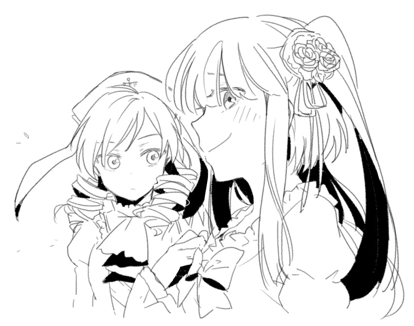 2girls bow cravat dlanor_a_knox drill_hair flower furudo_erika hair_flower hair_ornament hand_on_own_chest hat highres monochrome multiple_girls profile rose smile twintails umineko_no_naku_koro_ni upper_body yang38