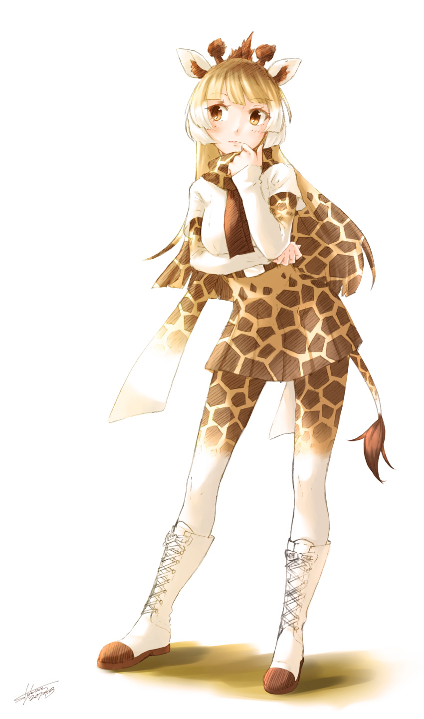 1girl absurdres artist_name belt blonde_hair blush boots breasts brown_eyes closed_mouth contrapposto cross-laced_footwear eyebrows_visible_through_hair full_body giraffe_ears giraffe_horns giraffe_tail high-waist_skirt highres kemono_friends knee_boots long_hair looking_away medium_breasts multicolored_hair pantyhose pleated_skirt reticulated_giraffe_(kemono_friends) scarf shirt short_sleeves signature simple_background skirt sleeves_past_wrists solo standing stylecase two-tone_hair white_background white_boots white_hair white_shirt