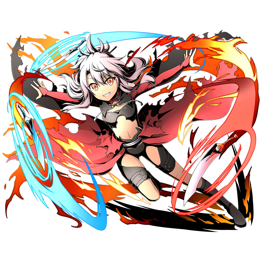 1girl archer archer_(cosplay) black_boots black_shorts boots bridal_gauntlets chloe_von_einzbern cosplay dark_skin divine_gate fate/kaleid_liner_prisma_illya fate_(series) flat_chest floating_hair full_body grin hair_between_eyes highres long_hair looking_at_viewer midriff navel orange_eyes outstretched_arms pink_hair shadow short_shorts shorts smile solo stomach sword transparent_background ucmm weapon