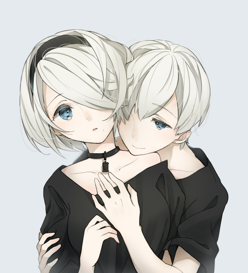 1boy 1girl bangs bare_shoulders black_choker black_hairband black_shirt breasts choker closed_mouth collarbone couple eyebrows_visible_through_hair eyelashes face-to-face grey_background grey_hair hair_between_eyes hair_over_one_eye hairband hand_on_another's_arm hand_on_another's_chest hands_up highres hug hug_from_behind marchen_noir medium_breasts mole mole_under_mouth nier_(series) nier_automata no_blindfold off-shoulder_shirt off_shoulder open_mouth parted_lips pink_lips shirt short_hair simple_background smile upper_body yorha_no._2_type_b yorha_no._9_type_s
