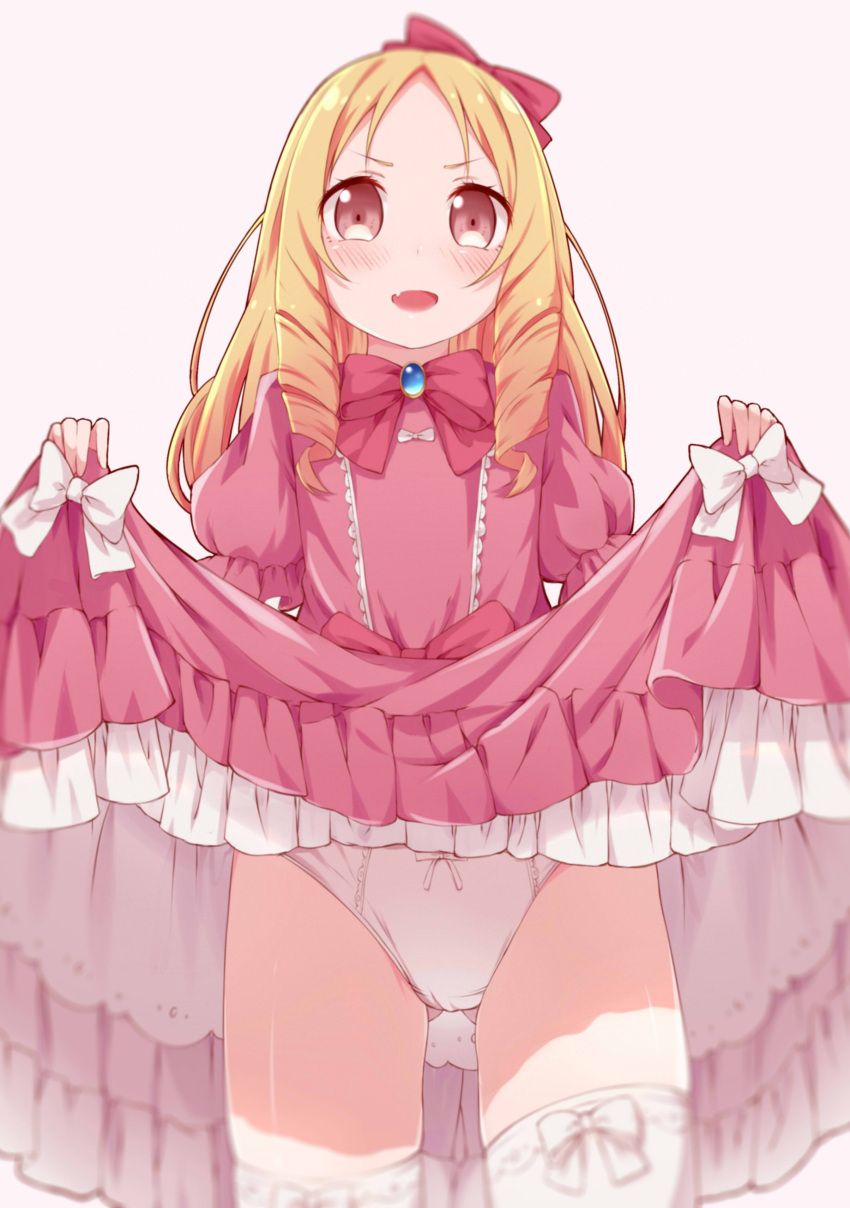 1girl :d absurdres aka_aka blonde_hair blush bow bow_legwear brown_eyes cowboy_shot dress dress_lift drill_hair eromanga_sensei fang frilled_dress frills gluteal_fold hair_bow hairband highres lifted_by_self long_hair looking_at_viewer open_mouth panties pink_bow pink_dress smile solo thigh-highs twin_drills underwear white_legwear white_panties yamada_elf