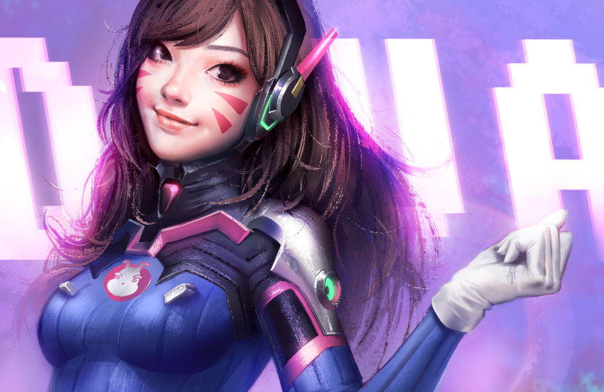 1girl adapted_costume animal_print asian bangs bodysuit breasts brown_eyes brown_hair bunny_print character_name clenched_hand d.va_(overwatch) eyelashes facepaint facial_mark gloves h.a_(skfnxh5681) headphones high_collar highres lips long_hair looking_at_viewer overwatch pilot_suit pink_lips purple_background realistic ribbed_bodysuit shoulder_pads skin_tight small_breasts smile solo swept_bangs upper_body whisker_markings white_gloves