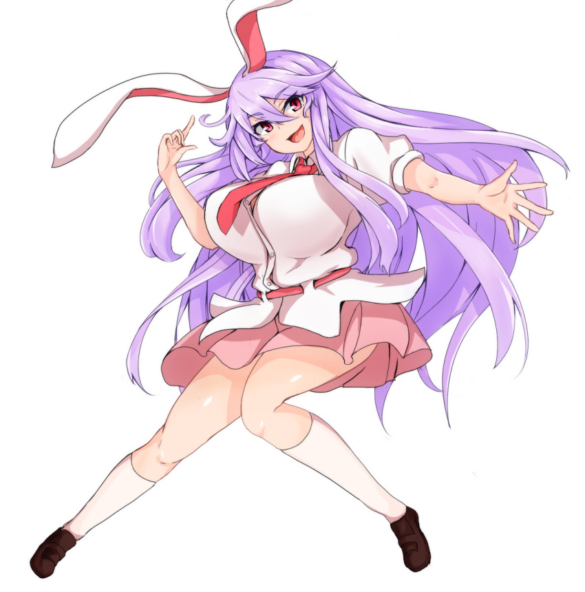 1girl :d animal_ears bangs blush breasts commentary_request full_body highres huge_breasts long_hair looking_at_viewer miniskirt necktie open_mouth pink_eyes pink_skirt puffy_short_sleeves puffy_sleeves purple_hair rabbit_ears red_necktie reisen_udongein_inaba shirt short_sleeves skirt smile socks solo sprout_(33510539) swept_bangs touhou very_long_hair white_legwear white_shirt