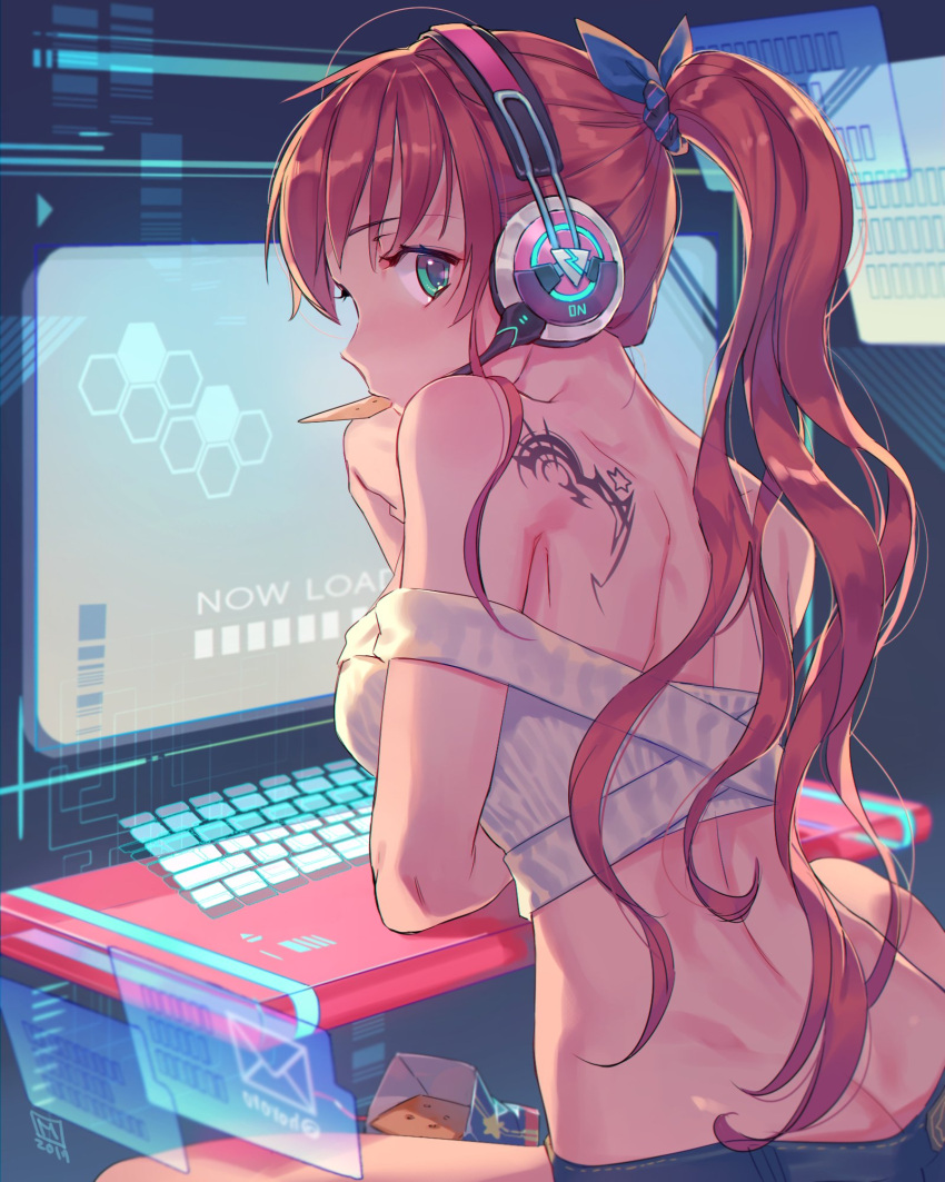 1girl ass back back_tattoo bangs breasts butt_crack from_behind green_eyes hair_ribbon headphones highres holographic_interface holographic_keyboard leaning_forward long_hair looking_back mansu medium_breasts midriff mouth_hold nape no_bra off_shoulder original ponytail redhead ribbon short_shorts shorts shoulder_blades sitting snack solo strapless tattoo tubetop