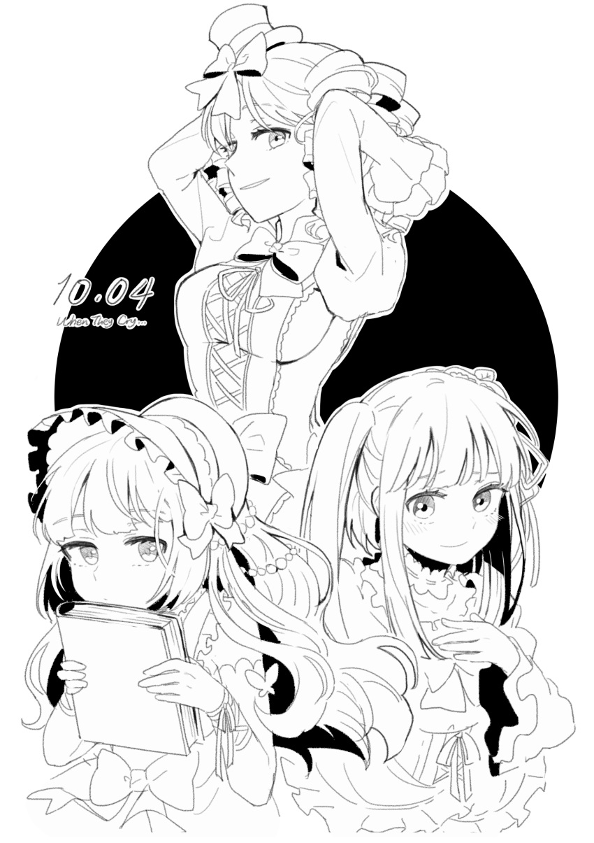 3girls absurdres arms_up bonnet book bow breasts clair_vaux_bernardus copyright_name dated dress drill_hair furudo_erika gaap hand_on_own_chest hat highres mini_hat mini_top_hat monochrome multiple_girls sideboob smile top_hat twintails umineko_no_naku_koro_ni yang38