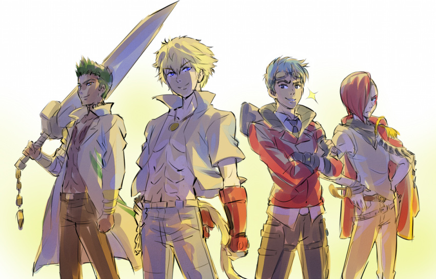 4boys abs blonde_hair blue_hair claymore_(sword) commentary_request cutlass_(sword) goggles goggles_on_head green_hair hands_on_hips iesupa jacket_over_shoulder jewelry monkey_tail multiple_boys necklace necktie neptune_vasilias one_eye_covered open_clothes open_shirt redhead rwby sage_ayana scarlet_david shirt shirtless sparkle sun_wukong_(rwby) tail