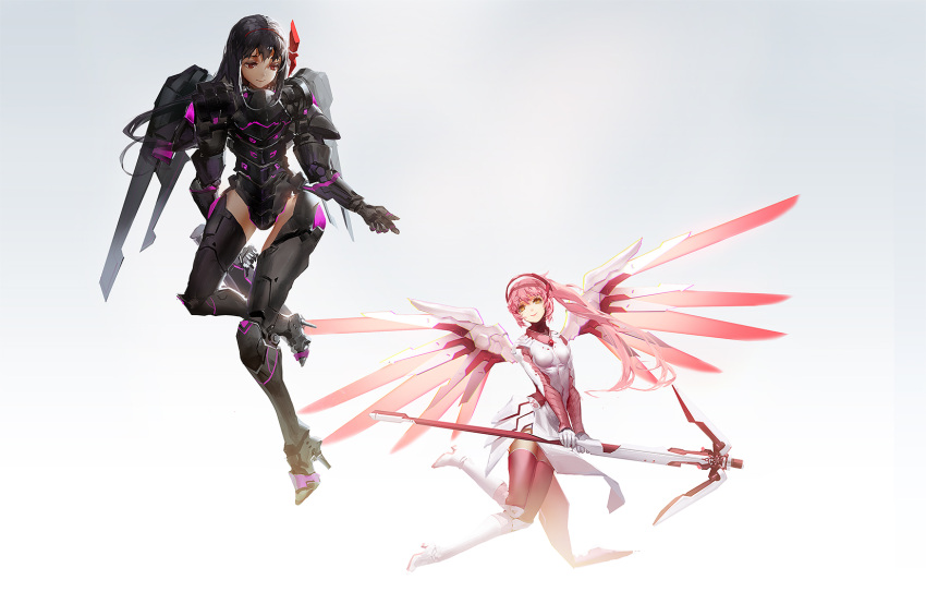 2girls akemi_homura armor armored_boots bangs black_boots blackrabbitsoul bodysuit boots breasts brooch brown_legwear closed_mouth cosplay elbow_pads faulds full_body gauntlets gem gloves gradient gradient_background greaves hairband headgear high_heel_boots high_heels highres holding holding_staff jetpack jewelry kaname_madoka knee_boots knee_pads long_hair looking_at_another mahou_shoujo_madoka_magica mechanical_halo mechanical_wings medium_breasts mercy_(overwatch) mercy_(overwatch)_(cosplay) multiple_girls overwatch pantyhose pauldrons pelvic_curtain pharah_(overwatch) pharah_(overwatch)_(cosplay) pink_hair pink_wings ponytail power_armor power_suit red_hairband smile spread_wings staff thrusters turtleneck white_bodysuit white_boots white_gloves wings yellow_eyes