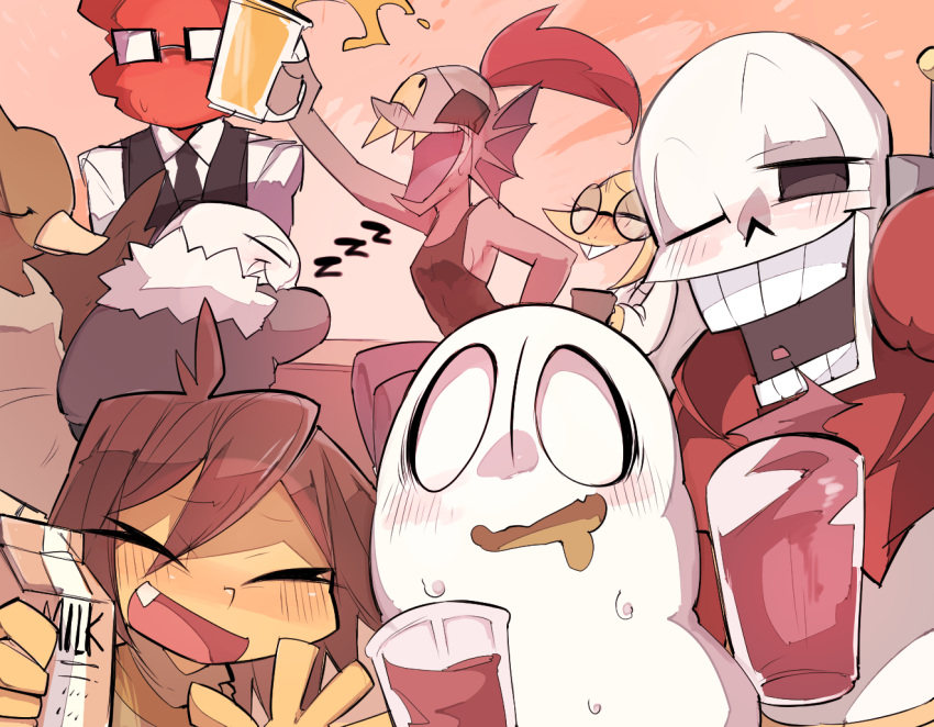 9999gpera alphys androgynous bird blue_skin blush bow bowtie brown_hair closed_eyes cup drooling duck eyepatch fire frisk_(undertale) g_perarikku ghost glasses gloves grillby grin head_fins hood hoodie long_sleeves milk_carton monster_girl multiple_boys multiple_girls napstablook one_eye_closed open_mouth papyrus_(undertale) ponytail redhead sans sharp_teeth shirt skeleton sleeping smile striped striped_shirt sweatdrop tank_top teeth undertale undyne yellow_skin zzz