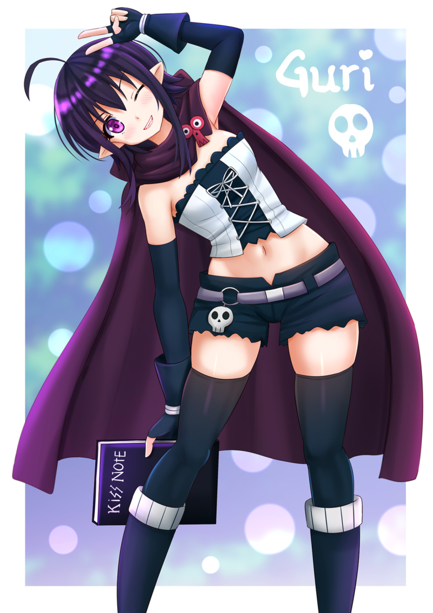 ;) belt bending black_hair black_legwear blush boots cape character_name elbow_gloves fingerless_gloves gloves grin guri highres kazenokaze kiss_note midriff navel one_eye_closed pointy_ears renai_boukun short_hair shorts skull smile strapless thigh-highs tubetop v violet_eyes