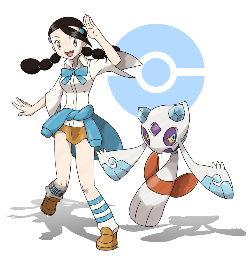1girl :d bare_arms black_hair blue_bow blue_bowtie blue_eyes bow bowtie breasts brown_shoes brown_skirt closed_mouth clothes_around_waist collared_shirt diamond_(shape) eyelashes facing_viewer floating froslass full_body grey_eyes gym_leader hair_ornament highres ice legs_apart legs_up loafers long_hair long_sleeves looking_at_viewer medium_breasts miniskirt official_style open_mouth poke_ball pokemon pokemon_(creature) pokemon_(game) pokemon_dppt popped_collar shadow shirt shoes short_sleeves simple_background skirt smile standing standing_on_one_leg striped striped_legwear suzuna_(pokemon) tareme teru_zeta tongue twintails white_background white_shirt yellow_sclera