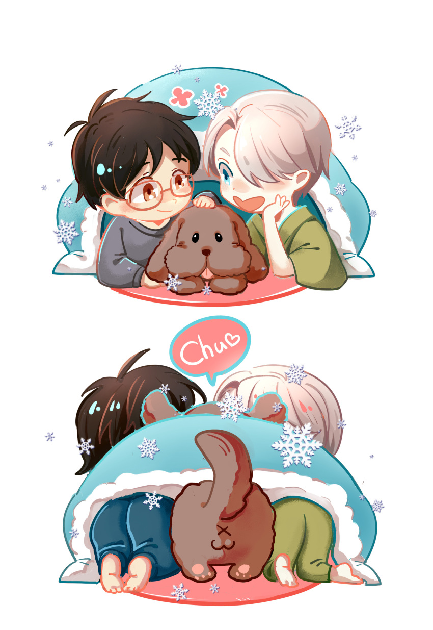 2boys absurdres black_hair blanket blue_eyes brown_eyes chibi dog glasses hair_over_one_eye highres implied_kiss katsuki_yuuri makkachin male_focus multiple_boys open_mouth pony_(ponyco) silver_hair smile snowflakes tongue tongue_out viktor_nikiforov yaoi yuri!!!_on_ice