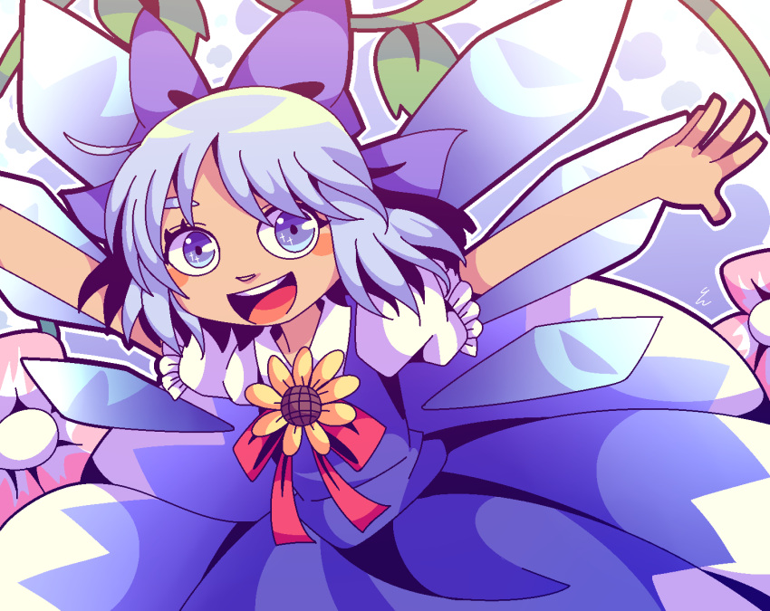 1girl blue_eyes blue_hair blush cirno dress flower hidden_star_in_four_seasons highres ice ice_wings long_hair outstretched_arms plant round_teeth solo spread_arms sunflower tan teeth thick_eyebrows touhou vines wings yatsunote
