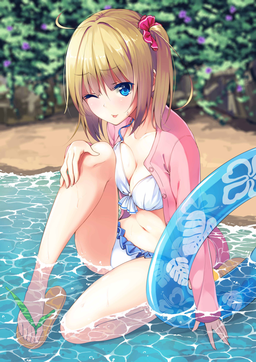 1girl ;p absurdres ahoge bare_legs bikini blue_background blurry breasts cleavage depth_of_field eyebrows_visible_through_hair feet folded_leg frilled_bikini frills hair_ornament hair_scrunchie hand_on_own_knee highres jacket medium_breasts navel one_eye_closed one_side_up open_clothes open_jacket original partially_submerged sandals scrunchie sitting sleeves_past_wrists solo sweatdrop swimsuit toes tongue tongue_out unasaka_ryou white_bikini