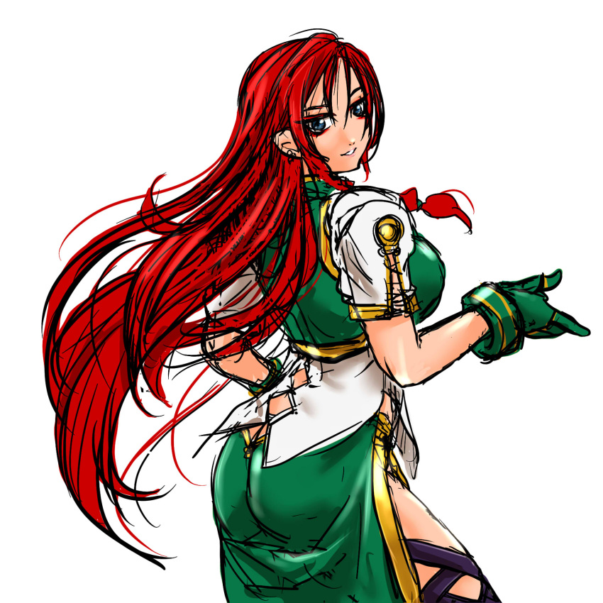 1girl adapted_costume ass back bangs blue_eyes braid breasts cowboy_shot cropped_vest earrings eyeliner eyeshadow from_behind from_side gloves green_gloves green_vest hand_on_hip hand_up highres hong_meiling jewelry large_breasts ledjoker07 long_hair long_skirt looking_at_viewer makeup no_hat no_headwear redhead ribbon shirt short_sleeves side_slit sketch skirt skirt_set smile solo stud_earrings thigh_ribbon thighs touhou twin_braids untucked_shirt very_long_hair vest white_shirt
