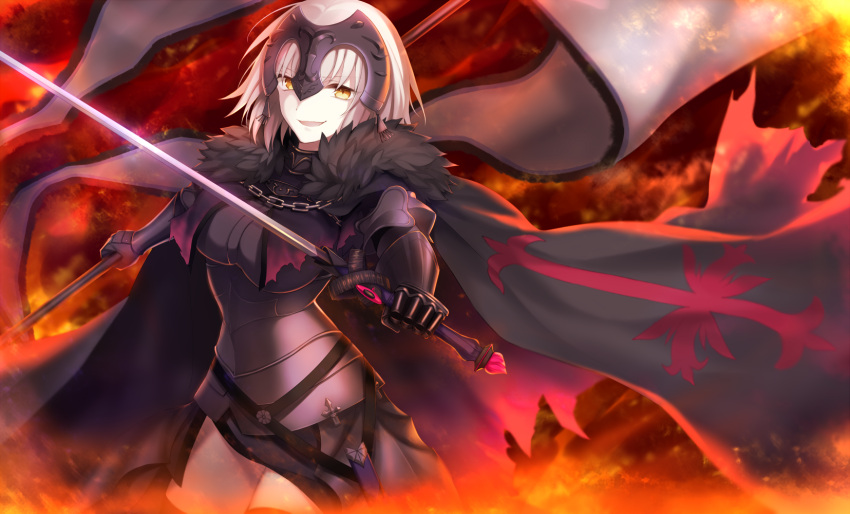 &gt;:) 1girl armor armored_dress bangs black_dress breasts cape chains cowboy_shot dress fate/grand_order fate_(series) faulds flag foreshortening fur_trim gauntlets headpiece highres holding holding_sword holding_weapon jeanne_alter large_breasts looking_at_viewer parted_lips ruler_(fate/apocrypha) short_hair silver_hair smile solo sword weapon wowishi yellow_eyes