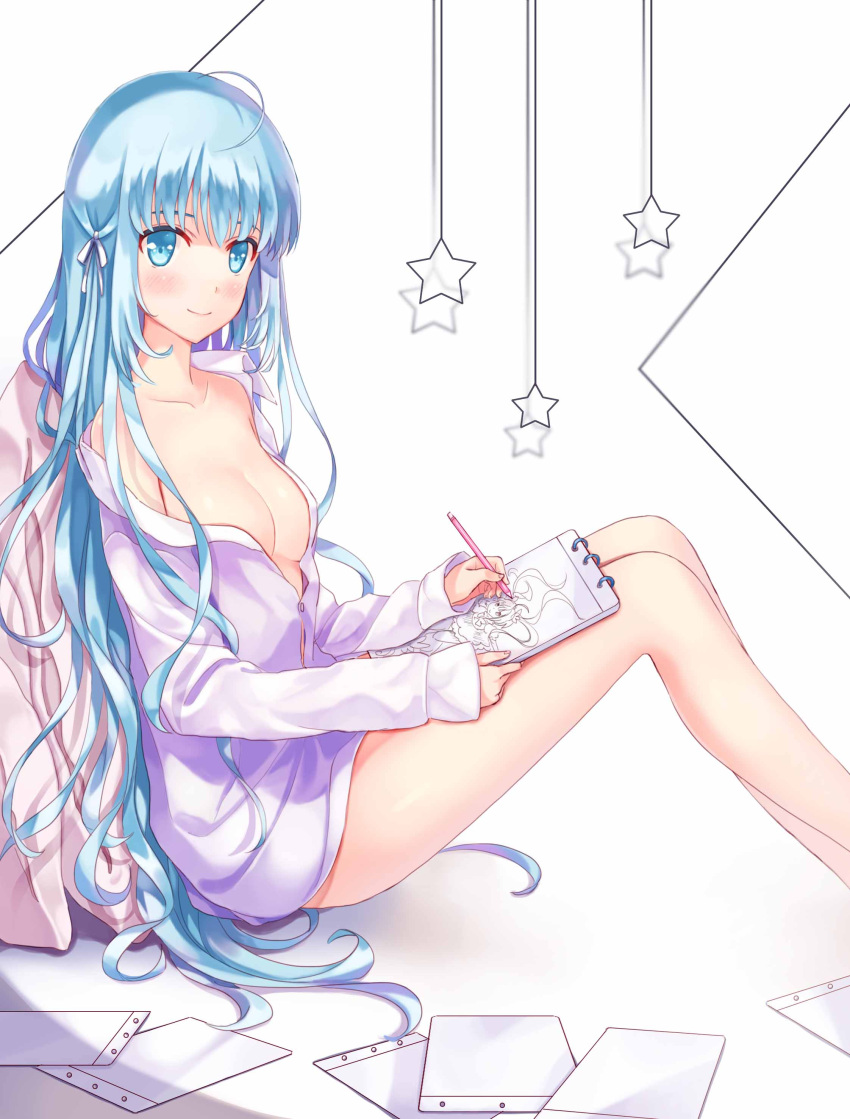 1girl absurdres ahoge blue_eyes blue_hair blush breasts cleavage closed_mouth collarbone drawing from_side highres knees_up long_hair long_sleeves looking_to_the_side medium_breasts miu_(pixiv4149478) naked_shirt original pencil shirt sitting smile solo very_long_hair white_shirt