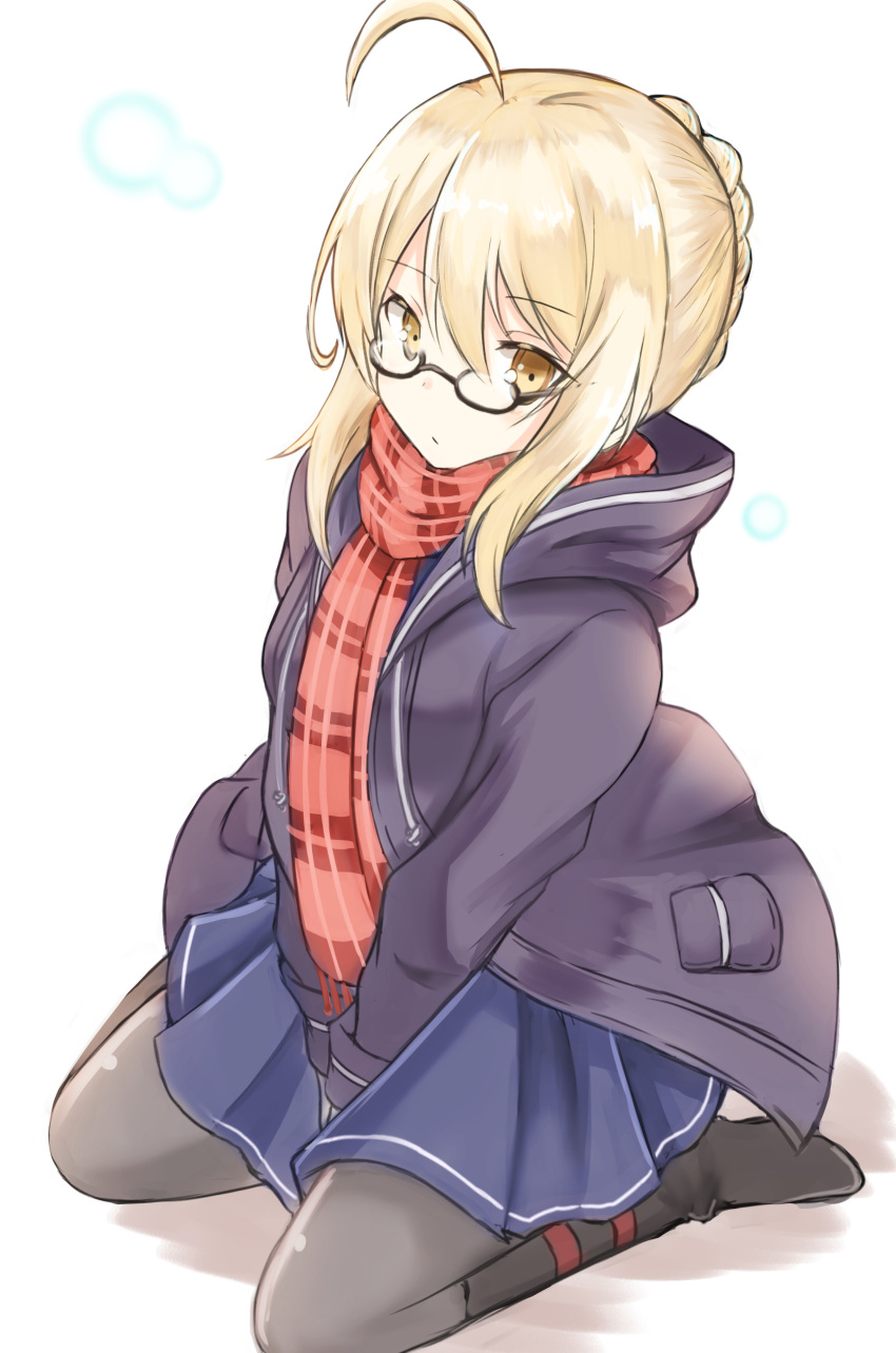 1girl absurdres ahoge bangs between_legs black-framed_eyewear black_boots blonde_hair blue_skirt boots braid closed_mouth coat duffel_coat eyebrows_visible_through_hair fate/grand_order fate_(series) french_braid glasses grey_legwear hand_between_legs heroine_x heroine_x_(alter) highres knee_boots looking_at_viewer open_clothes open_coat pantyhose plaid plaid_scarf red_scarf saber scarf semi-rimless_glasses shibakame_(917narto8537) sidelocks sitting skirt solo under-rim_glasses v_arms wariza white_background yellow_eyes