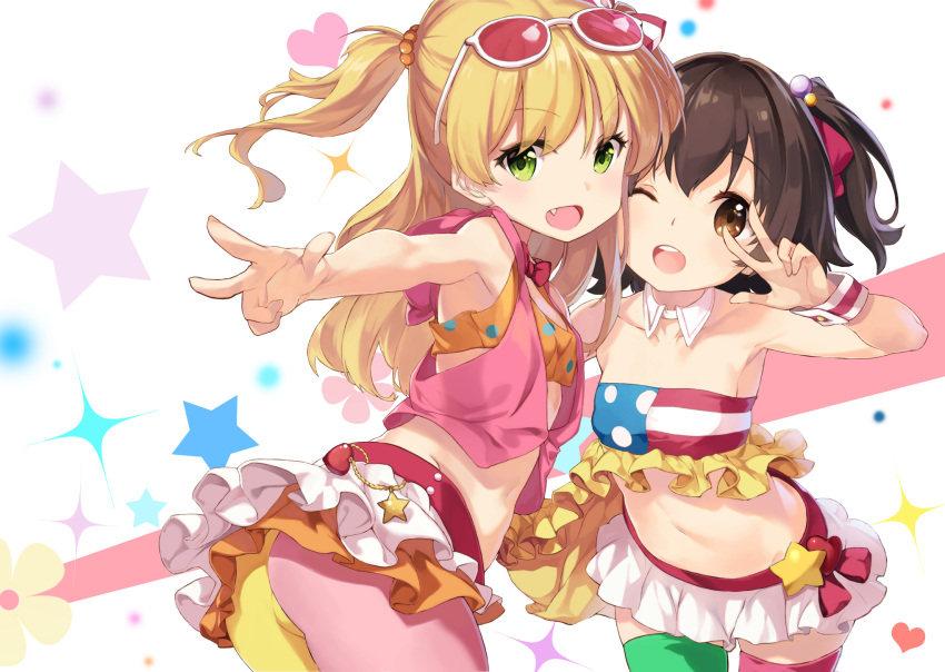 2girls :d ;d akagi_miria armpits ass black_hair blonde_hair breasts brown_eyes collarbone crop_top eyelashes fang from_behind glasses_on_head green_eyes highres idolmaster idolmaster_cinderella_girls jougasaki_rika leaning_forward long_hair midriff miniskirt mismatched_legwear multiple_girls navel off_shoulder one_eye_closed oneko open_mouth outstretched_arm pikapikapop skirt small_breasts smile thighs twintails two_side_up v_over_eye
