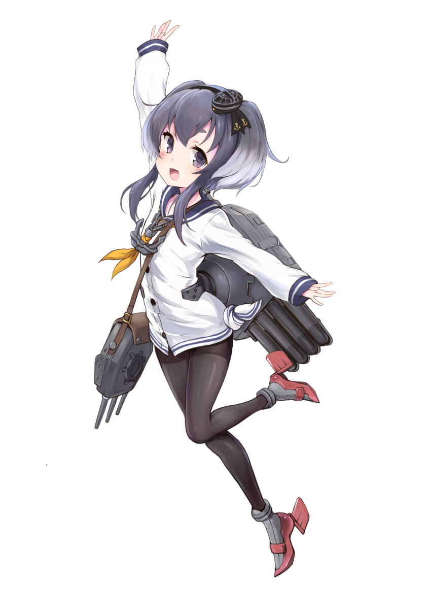 anchor anchor_symbol backpack bag black_hair black_legwear cannon dress gradient_hair grey_hair hairband hand_up hat headgear high_heels highres kantai_collection looking_at_viewer machinery mini_hat multicolored_hair neckerchief pantyhose ransusan red_shoes rudder_shoes sailor_collar sailor_dress school_uniform shirt shoes short_hair_with_long_locks standing standing_on_one_leg thighband_pantyhose tied_shirt tokitsukaze_(kantai_collection) torpedo turret two_side_up