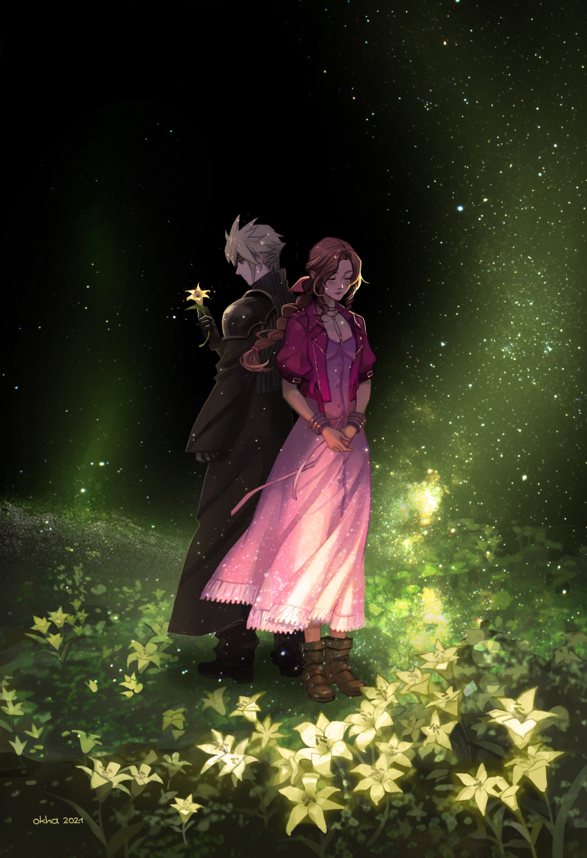1boy 1girl absurdres aerith_gainsborough armor artist_name back-to-back bangle bangs black_cape black_footwear black_gloves black_sleeves blonde_hair boots bracelet braid braided_ponytail breasts brown_footwear brown_hair cape choker closed_eyes cloud_strife cropped_jacket dress earrings field final_fantasy final_fantasy_vii final_fantasy_vii_advent_children final_fantasy_vii_remake flower flower_choker flower_field full_body gloves hair_ribbon high_collar highres holding holding_flower jacket jewelry lily_(flower) long_dress long_hair okha own_hands_together parted_bangs pink_dress pink_ribbon puffy_short_sleeves puffy_sleeves red_jacket ribbon short_hair short_sleeves shoulder_armor sidelocks single_earring single_sleeve spiky_hair standing v_arms waist_cape yellow_flower