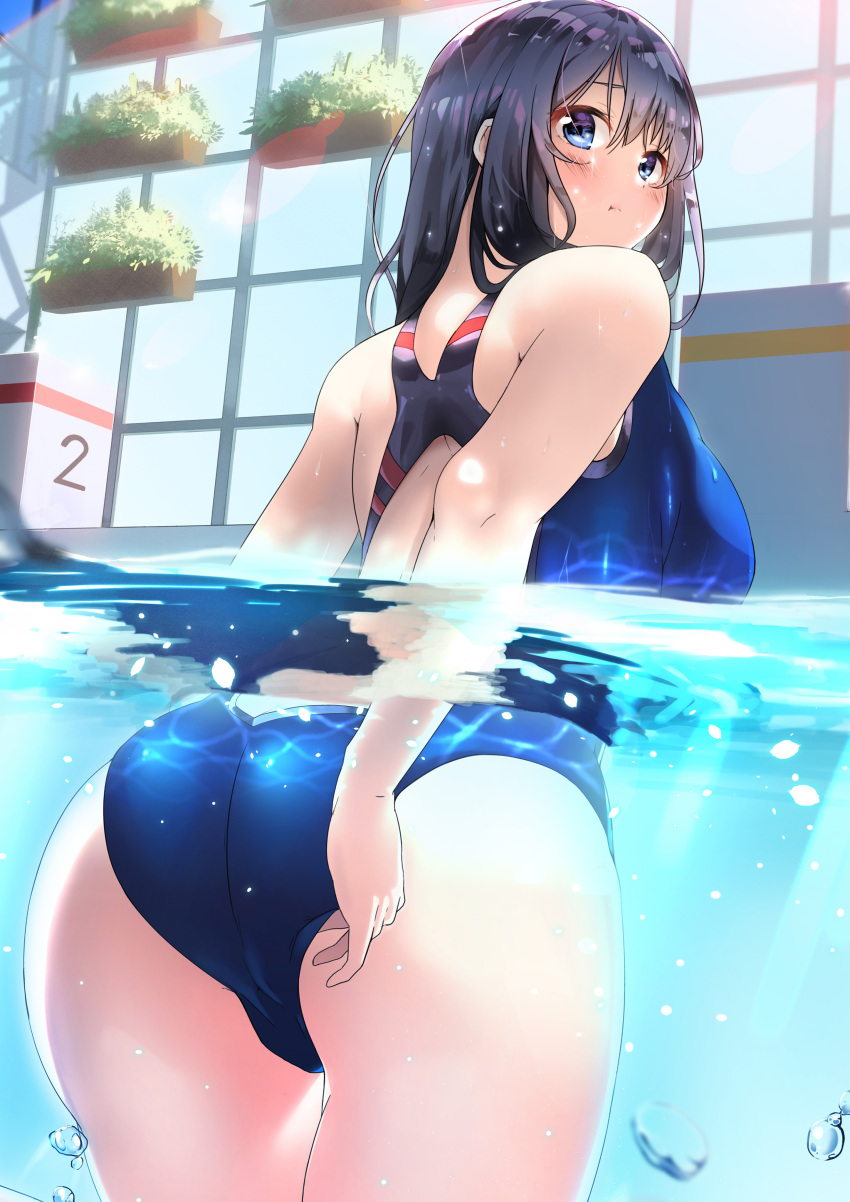 1girl :t absurdres adjusting_clothes adjusting_swimsuit air_bubble ass back_opening backless_outfit bad_id bad_pixiv_id bangs bare_arms bare_legs blue_eyes blue_swimsuit blush breasts bubble closed_eyes competition_swimsuit cowboy_shot day embarrassed flower_pot from_behind hand_up highres indoors large_breasts leg_up legs_together light_rays long_hair looking_at_viewer looking_back moe2017 okamen one-piece_swimsuit one_leg_raised original partially_submerged plant pool potted_plant pout pouty_lips pulled_by_self purple_hair revision shiny shiny_clothes skin_tight solo standing standing_on_one_leg sunbeam sunlight swimsuit swimsuit_pull thigh_gap thighs water wet wet_clothes wet_hair wet_swimsuit