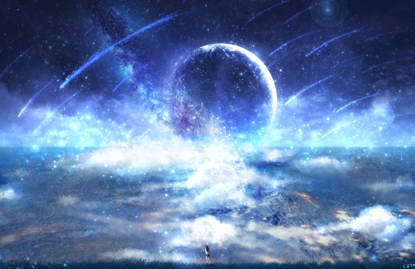 1girl arms_behind_back blurry brown_hair clouds czy_(2894456992) dark grass highres horizon lens_flare light_particles long_hair looking_afar meteor meteor_shower moon night night_sky original scenery signature skirt sky solo star_(sky) starry_sky surreal thigh-highs white_legwear
